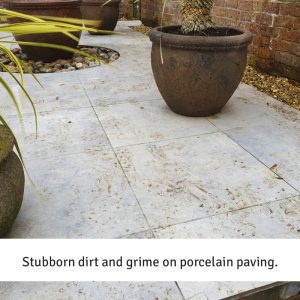 Stubborn dirt and grime on porcelain paving